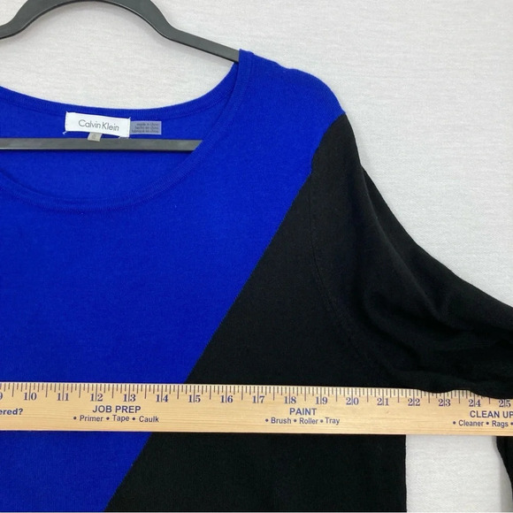 Calvin Klein Blue Black Round Neck Stretch Tight Knit Asymmetric Sweater XL - Picture 5 of 9